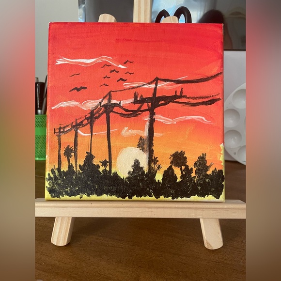 Sunset sky with birds and telephone lines painting - Picture 4 of 5
